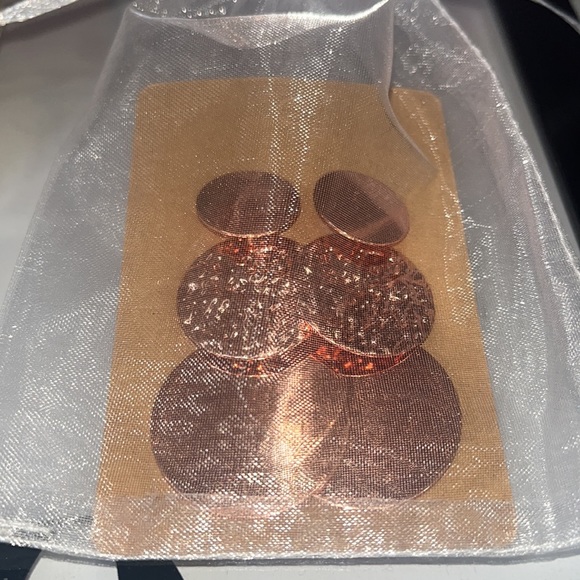 Rose Gold Textured Disc Drop Earrings - Picture 3 of 9